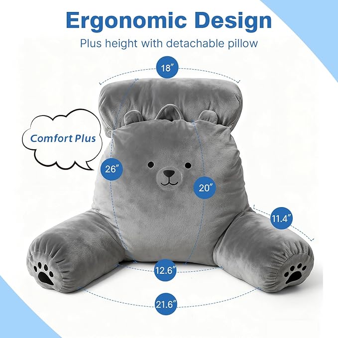 Reading Pillow Plus, Crystal Velvet Back Pillow Bed Sitting Up for Adult & Children, Back Rest Pillow Support for Reading & Rest Bed, Add Height and Removable Pillows Design, for Xmas Gift, Grey