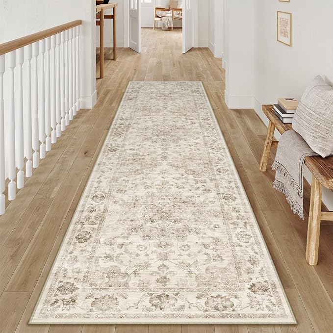 2x10 Washable Neutral Runner Rug Beige Vintage Hallway Kitchen Carpet Non-Slip Soft Low Pile Floral Throw Rug for Bedroom Bathroom Laundry Living Room