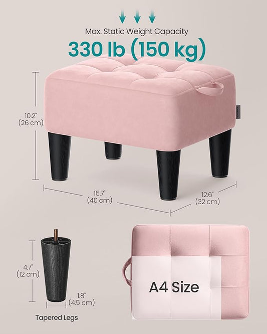 SONGMICS Foot Stool with Legs, Small Footstool Ottoman, Velvet Seat with Thick Cushion, for Living Room, Bedroom, Entryway, 330 lb Weight Capacity, Jelly Pink ULOM501R01