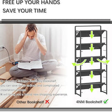 4NM No Assembly 5 Tiers Folding Bookshelf Storage Shelves Vintage Bookcase Standing Racks Study Organizer Home Office (All Black)