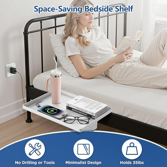 Bedside Shelf for Dorm Bunk Bed, Clip On Nightstand, Bed Side Table Tray Organizer, College Dorm Room Essentials for Girls/Guys, with Cable Management for Dormitory, Back to School (White)