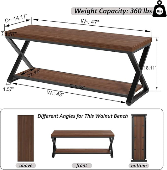IBF Wood Entryway Bench Indoor, Industrial Wooden Metal Entry Shoe Storage Bench in Bedroom, Farmhouse Hallway Shoe Rack Bench Seating for Foyer Living Dining Room End of Bed, Walnut, 47 Inch