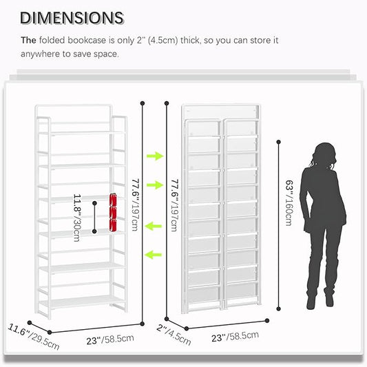 4NM No Assembly 6 Tiers Folding Bookshelf Storage Shelves Vintage Bookcase Standing Racks Study Organizer Home Office (All White)