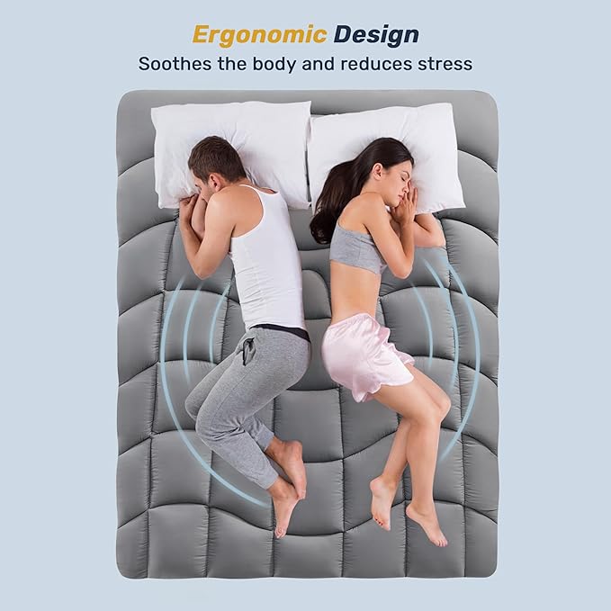 Unikome Full Mattress Pad Waterproof, Eco-Friendly Ergonomic Quilted Fitted Full Mattress Topper for Guest Room, Apartments, Noiseless and Machine Washable (Grey, 54x75)