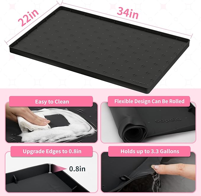 Sdpeia Under Sink Mat 34"×22" Waterproof Silicone Cabinet Liner & Sink Protector for Kitchen & Bathroom, Multi-Purpose Organizers Tray for Pets, Laundry, Cat Litter Mat, Black