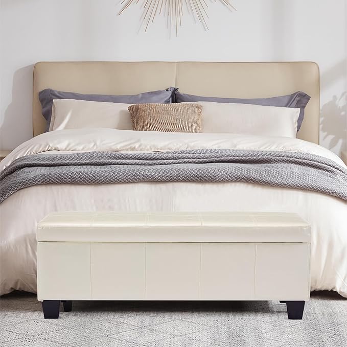 Faux Leather Ottoman with Storage, 42 Inch Rectangular Storage Ottoman Bench with Safety Hinged Lid, Large Upholstered End of Bench for Bedroom Entryway Living Room, Beige