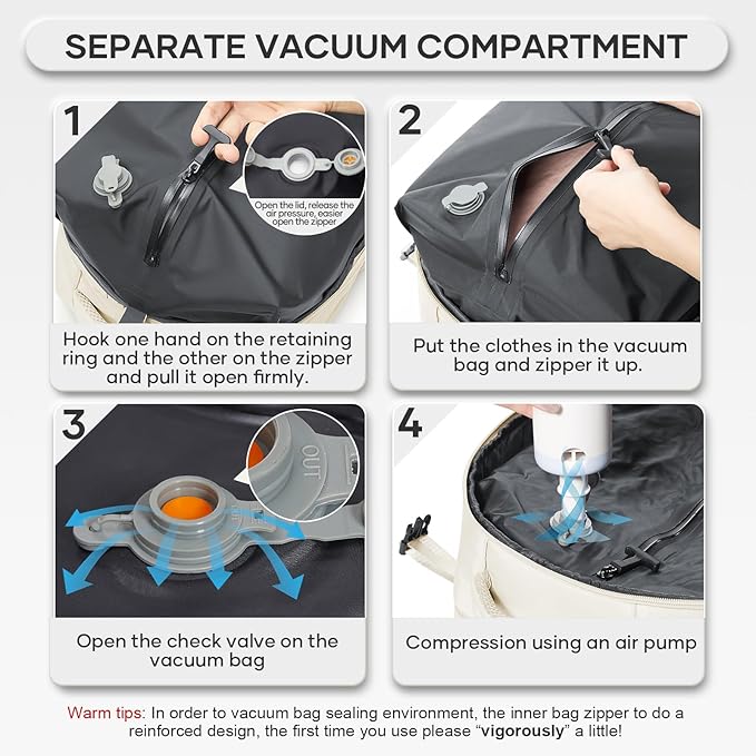 Vacuum Compression Backpack, Travel Vacuum Backpack with Electric Vacpack Pump, Flight Approved Carry On Personal Item Suitcase Luggage for Men Women, Beige, Large