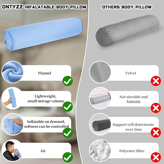 ONTYZZ Inflatable Long Body Pillow, Long Pillow for Bed, Oval Bolster Pillow for Good Sleeping and Back/Neck Support, 2pcs Blue
