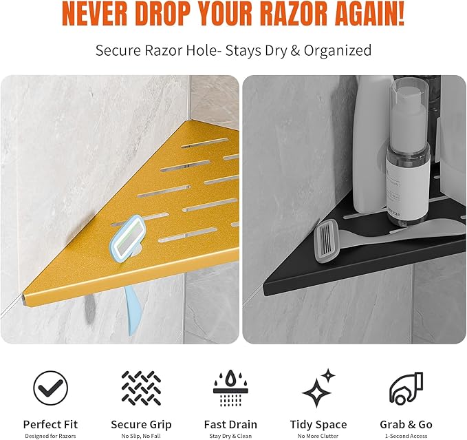 Shower Corner Shelf with Razor Hole,Modern Style Shower Caddy, Sturdy 304 Stainless Steel Shower Organizer,No Drilling Bathroom Corner Shelf for Tile Wall Gold 2 Pack-10