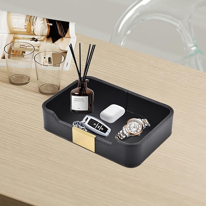 Luxury Leather Valet Tray Desktop Storage Organizer,Bedside Vanity Catchall Tray Nightstand Caddy Holder for Cosmetic,Jewelry,Watch,Keys,Phone,Wallet,Remote Controller,Pen,Black