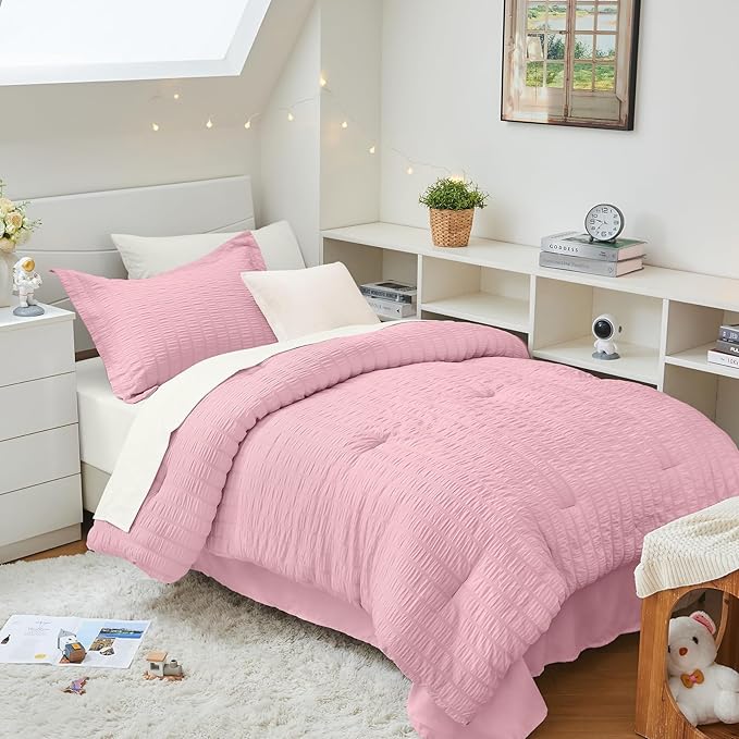 HYMOKEGE Pink/Ivory Twin XL Comforter Set Seersucker 5 Pieces, All Season Luxury Bed in a Bag for Bedroom, Bedding Set with Comforter, Sheets, Pillowcase & Sham