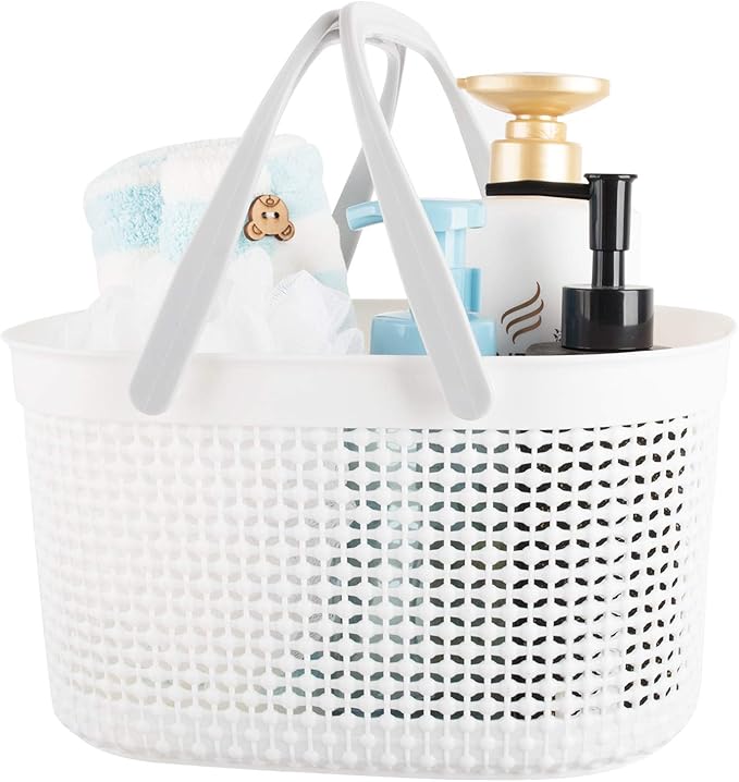 rejomiik Portable Shower Caddy Basket, Plastic Organizer Storage Tote with Handles for Bathroom, College Dorm, Kitchen, White