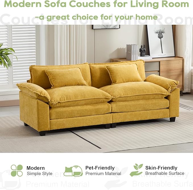 86" Modular Sectional Sofa, Comfy Cloud Couch Sectional Sofa, Chenille Sofa Sleeper Deep Seat Sofa with Throw Pillows for Living Room (Yellow, 86"- Loveseat)