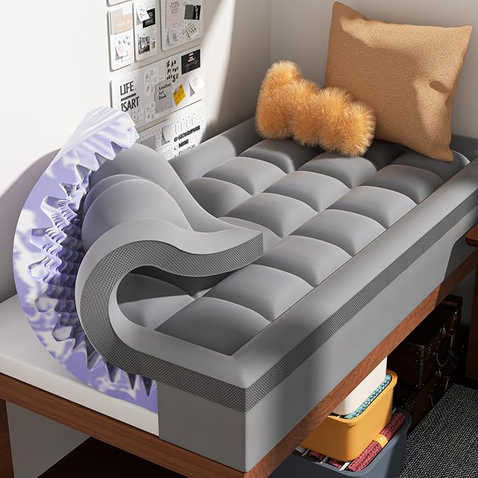 Dual Layer Memory Foam Twin XL Mattress Topper - 2 Inch Gel Egg Crate Foam and 2 Inch Cooling Pillow Top Cover Rayon, Twin XL Extra Long College Dorm Room Essentials (Grey)