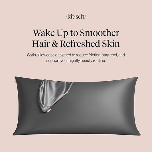 Kitsch Satin Pillowcase with Zipper for Hair & Skin, Softer Than Silk Pillow Cases King, Wrinkle-Free, Smooth and Cooling Satin Pillow Covers, King Size 19"x36" - Charcoal