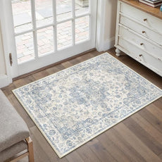 2x3 Washable Neutral Area Rug Blue Vintage Entryway Kitchen Carpet Non-Slip Soft Low Pile Floral Indoor Small Throw Rug for Bedroom Bathroom Entrance