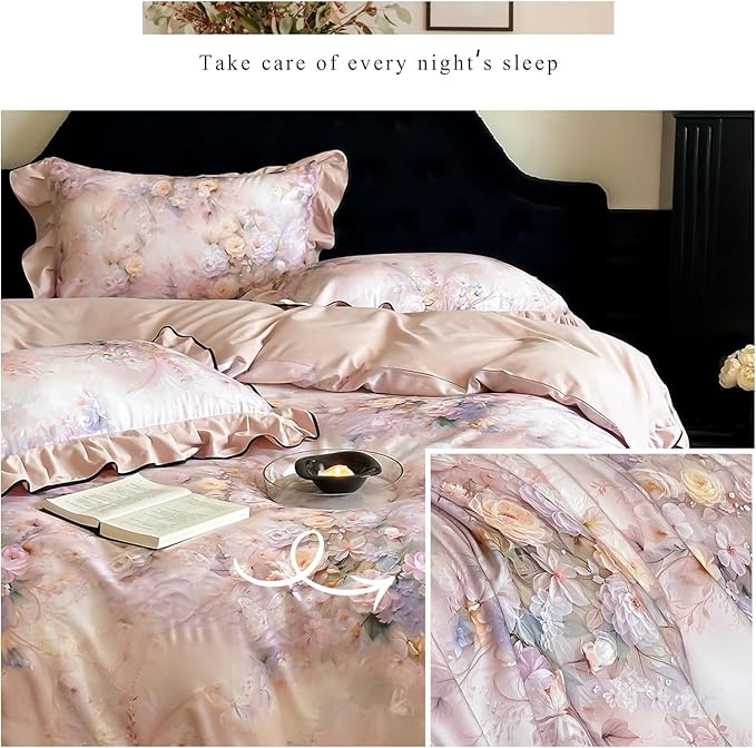 HighBuy Farmhouse Ruffle Duvet Cover Full Size,Pink Floral Lace Ruffle Design Durable Brushed Cotton Duvet Cover Set Coquette Soft Comforter Cover Ruffled,3 Pieces Cottagecore Bedding Set