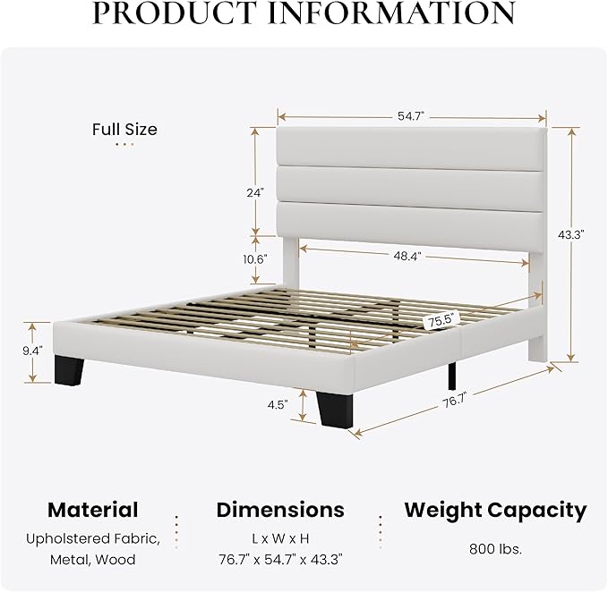 SHA CERLIN Full Platform Bed Frame with Velvet Upholstered Headboard, Mattress Foundation with Strong Wooden Slats Support, No Box Spring Needed, White