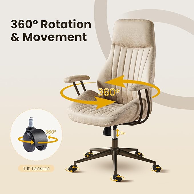 Home Office Desk Chair, Mid-Century Modern Office Chair with Adjustable Lumbar Support, Adjustable Height Executive Task Chair with 360 Rolling Swivel for Meeting Study Room(High Back, Beige)