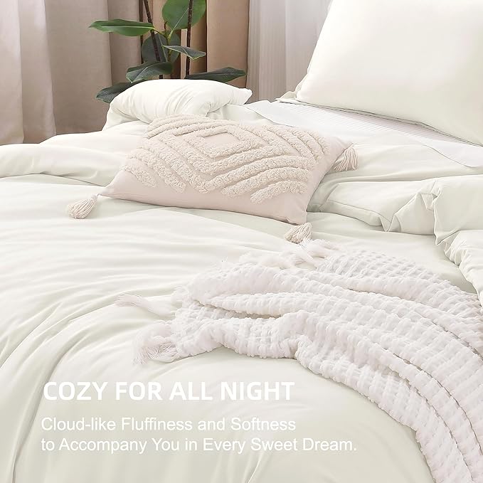 Litanika Comforter Set, Lightweight Solid Bedding Comforter Set, Fluffy Down Alternative Bed Set, Cream, Full