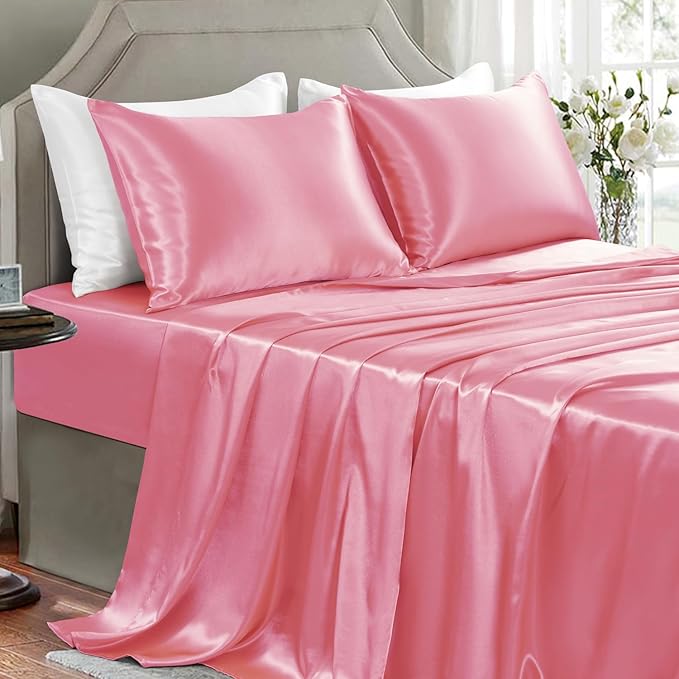 Satin Sheets California King Size - 4 Pieces Luxury Silky Soft Bed Sheets, Wrinkle-Free Pink Satin Silk Sheet Set with 1 Deep Pocket Fitted Sheet, 1 Flat Sheet, 2 Pillow Cases
