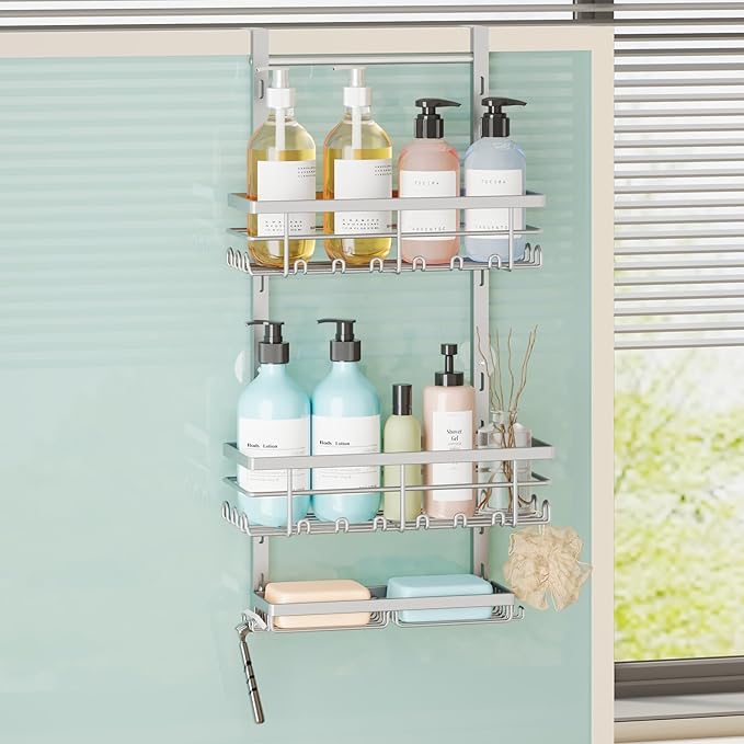 SWTYMIKI Over The Door Shower Caddy - 3 Tier Rustproof Hanging Shower Organizer with Adjustable Shelves, 28 Hooks & Soap Holder, Hanging Shower Rack Storage for Bathroom Accessories, Silver