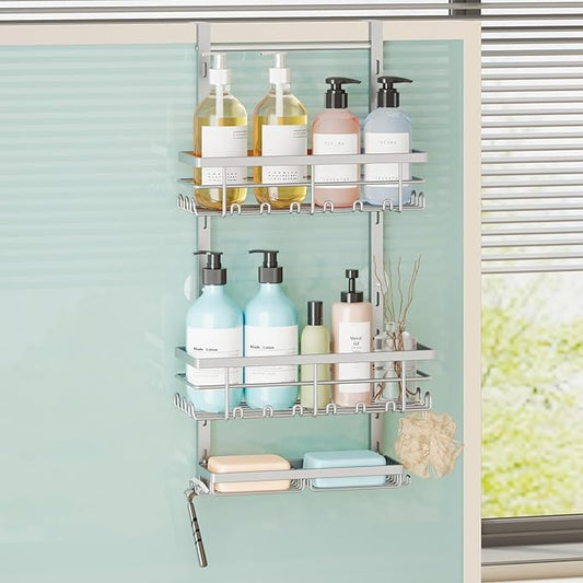 SWTYMIKI Over The Door Shower Caddy - 3 Tier Rustproof Hanging Shower Organizer with Adjustable Shelves, 28 Hooks & Soap Holder, Hanging Shower Rack Storage for Bathroom Accessories, Silver