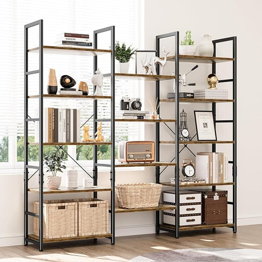 NUMENN Triple Wide 5 Tier Bookshelf, Rustic Industrial Style Bookcases with 14 Open Display Shelves, Modern Tall Bookcase Furniture for Bedroom, Living Room and Home Office, Vintage