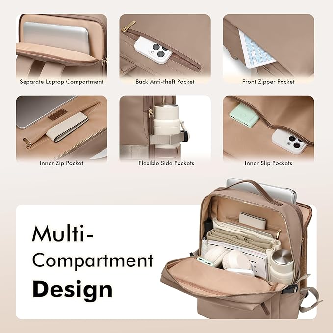 GOLF SUPAGS Stylish Laptop Backpack for Women Airline Approved Perfect for Work College and Travel Multi-Functional Casual Daypack Fits 17.3 Inch Notebook (Champagne)