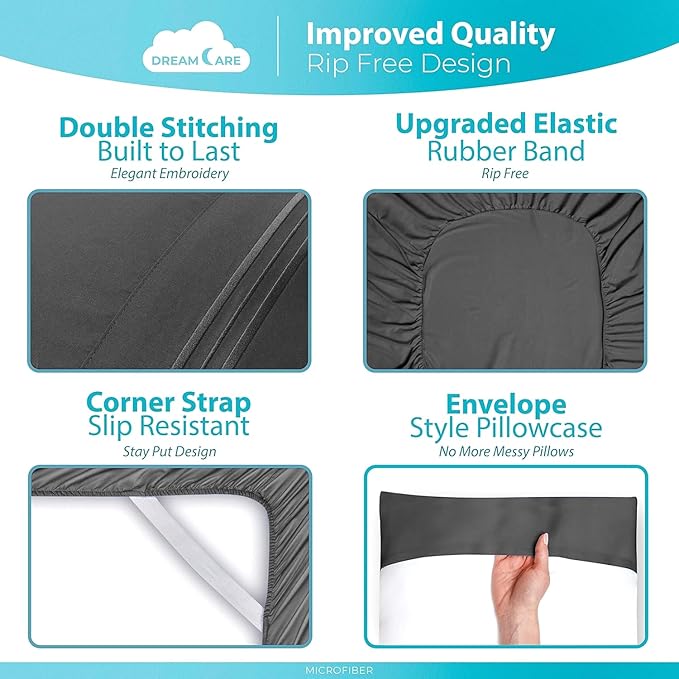 DREAMCARE Queen Size Sheets - Cooling Bed Sheets - 4pcs Set - up to 15" Deep Pocket Queen Sheet Set - Sheets Queen Size Bed - Soft & Long Lasting 100% Fine Brushed Polyester with Side Pocket - DGray DREAMCARE