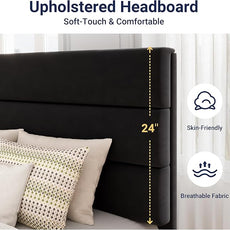 Allewie Twin Size Platform Bed Frame with Velvet Upholstered Headboard and Wooden Slats Support, Fully Upholstered Mattress Foundation/No Box Spring Needed/Easy Assembly, Black