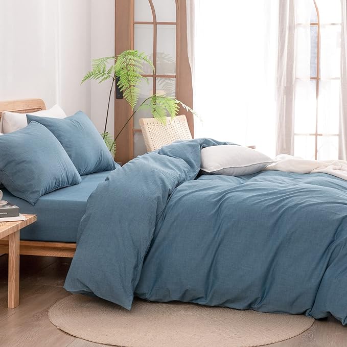 BESTOUCH Duvet Cover Set 100% Washed Cotton Linen Feel Super Soft Comfortable Chic Lightweight 2 PCs Home Bedding Set Solid Dark Blue Twin/Twin XL
