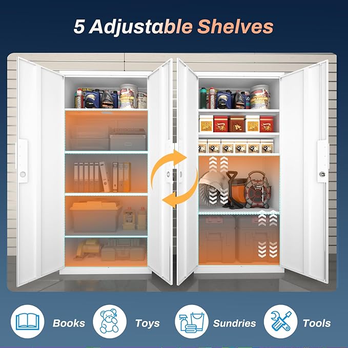 72" Metal Storage Cabinet with Doors and Adjustable Shelves,Locking White Storage Cabinet with Lock,Office,Gym,School,Home