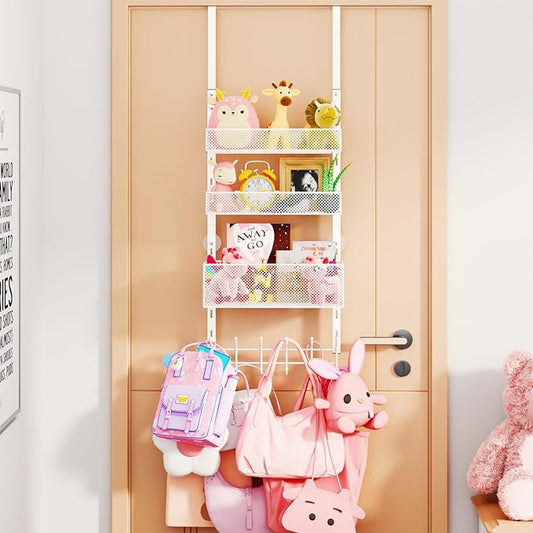 Consumest Over The Door Hooks Organizer - 4 Tier Door Coat Rack with 3 Baskets and 12 Hooks, Stainless Steel Towel Hanger for Bedroom, Bathroom, Living Room, White