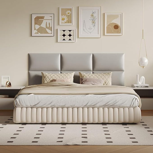 Wall-Mounted Upholstered Headboard Panels, 24x12 Inches, Light Grey Imitation Leather, Pack of 6 – DIY Soundproof Accent Wall Panels, Anti-Collision Padding, Easy to Clean, Modern Bedroom Décor