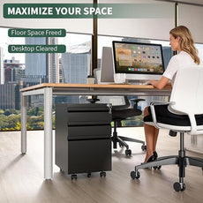 3 Drawer File Cabinet with Lock,Under Desk Rolling Small Filing Cabinet for Home Office Storage,Mobile Steel Cabinets with Wheels,Fully Assembled,Black