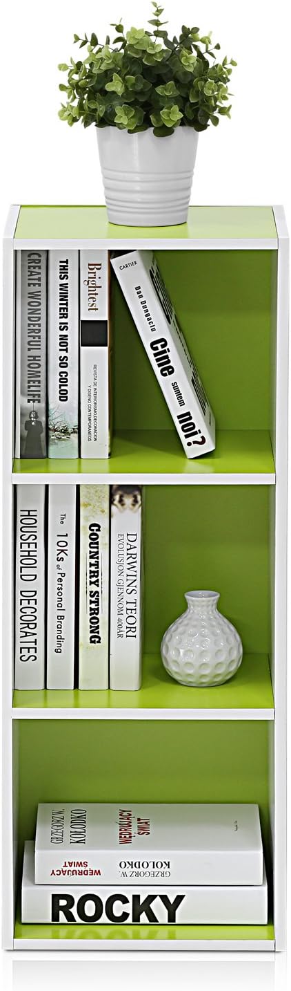 Furinno LUDER Book Shelf, 3-Cube Bookshelf, Bookcase with Open Shelves, 9.3 x 12 x 31.5, for Living Room, Bedroom, Home Office, White/Green