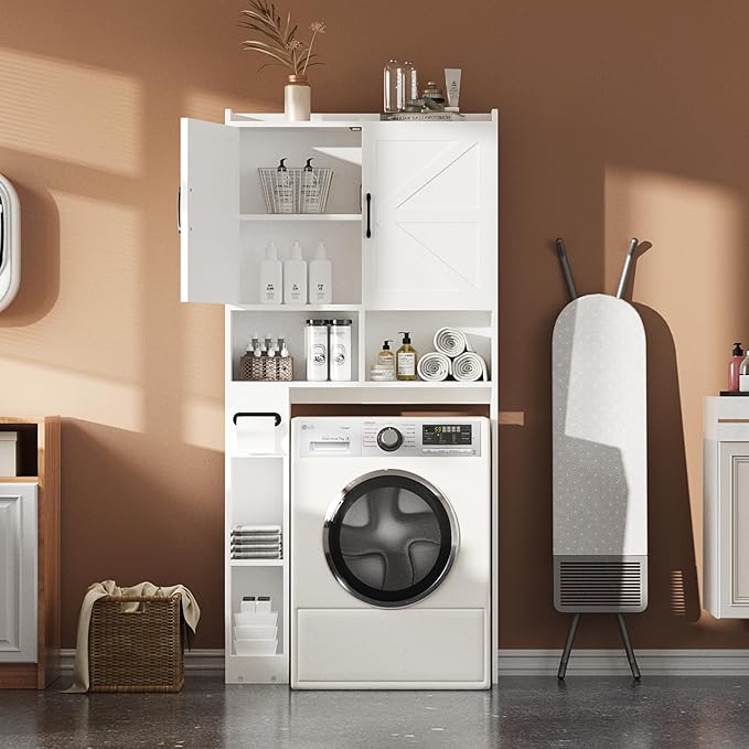 FURSUN 32" W Over The Toilet Storage Cabinet with Metal Frame, Bathroom Organizer with Adjustable Shelves and Paper Holder, 7 Storage Shelves, Farmhouse Storage Cabinet for Bathroom, Laundry, White