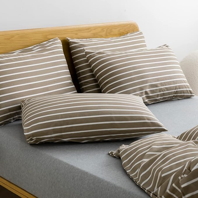 JELLYMONI Twin Duvet Cover Set, Cotton Duvet Cover 2 Pieces with Zipper Closure, 1 Duvet Cover and 1 Pillowcase(Khaki with White Striped)