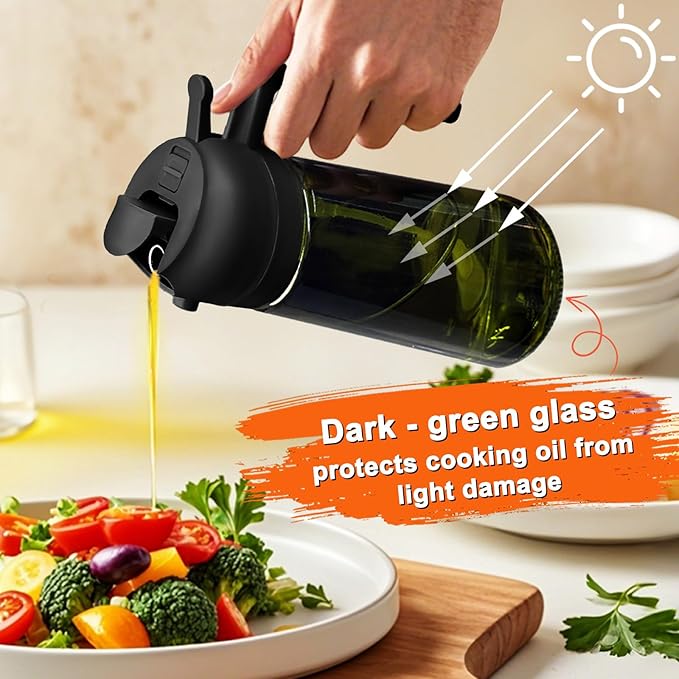 2 in 1 Glass Oil Sprayer & Dispenser,16oz/470ml Olive Cooking, Air Fryer, and Salad, for Kitchen Gadgets and Air Fryer Accessories, w/Stickers (White + Dark Green Bottle1)