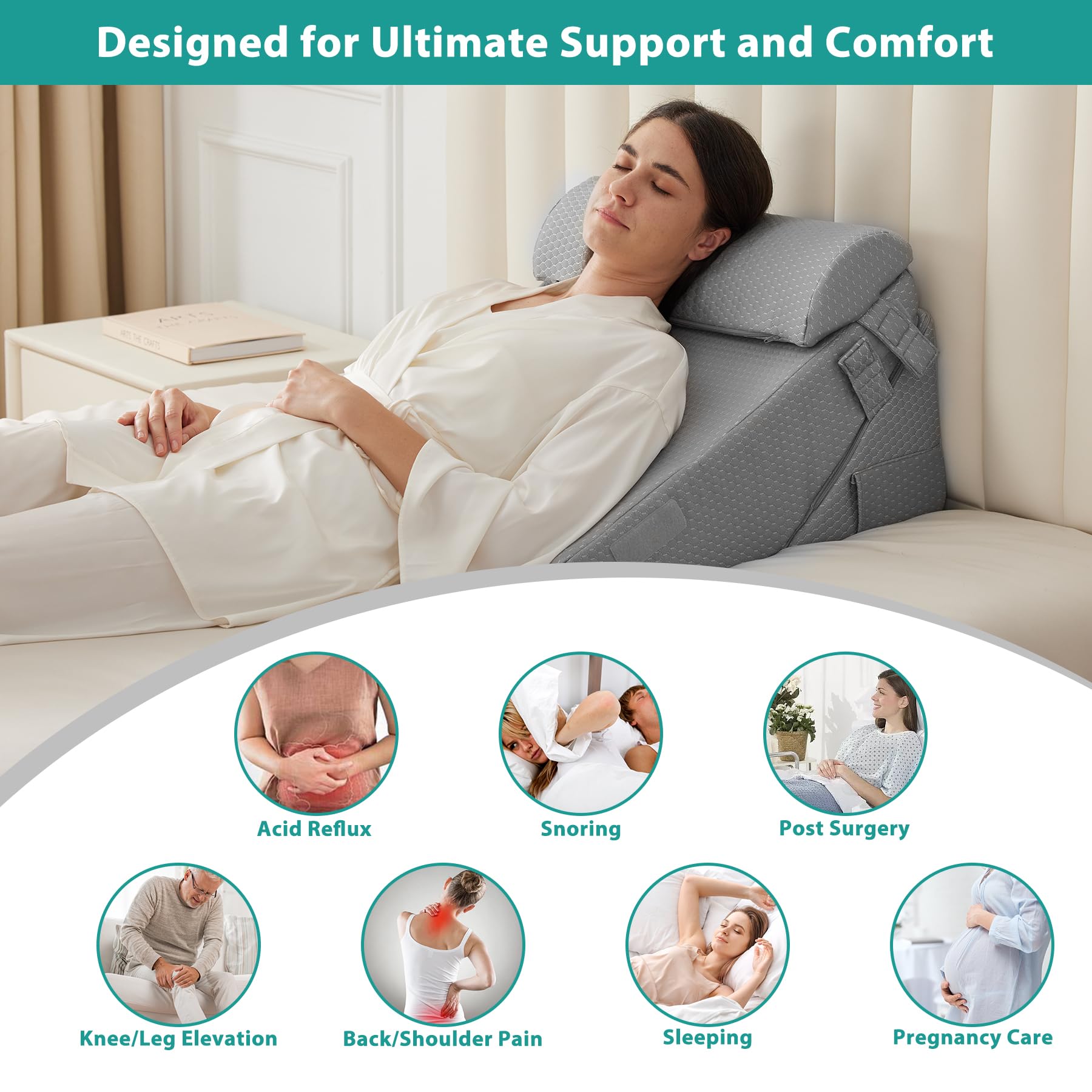 Bedluxe Wedge Pillow Headboard, 3PCS Orthopedic Bed Wedge Pillows Set for After Surgery, Adjustable Pillow Wedge for Acid Reflux&Back Pain Relief, Sleeping, Back Pillow for Bed Sitting Up, White/Grey Dormly
