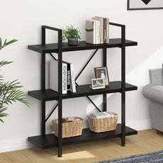 HSH 3 Tier Black Bookshelf, Industrial Small Metal Wooden Storage Book Shelves, Modern Open Low 3 Shelf Bookcase and Display Etagere, Vertical Book Shelf for Bedroom Living Room Office, Black Oak