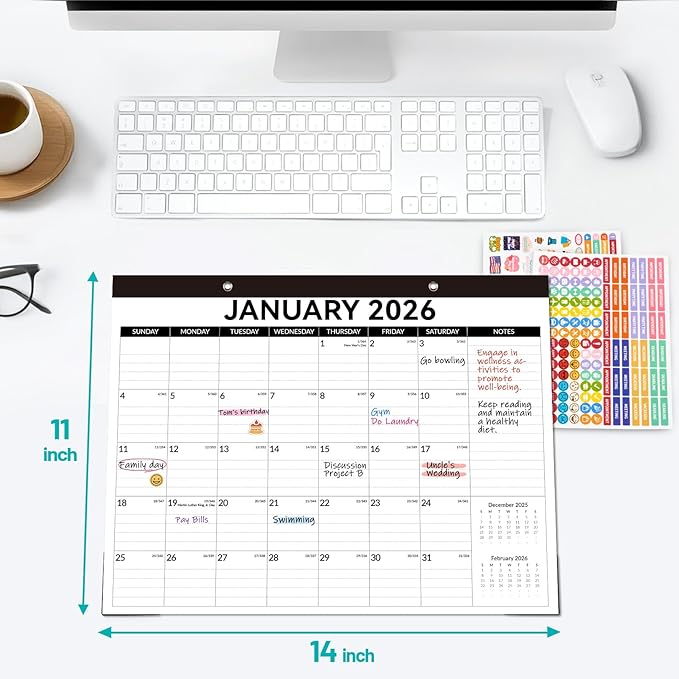 Forvencer Desk Calendar 2026, 20 Months Calendar, Nov. 2025-Jun. 2027, 14" x 11" Wall Calendar 2026 Monthly Planner with Plastic Cover & Stickers & Thick Paper for Office Home School Supplies