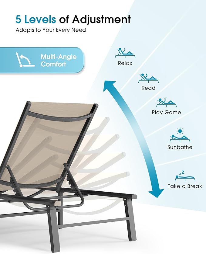 Ciokea Aluminum Outdoor Lounge Chair Set of 2- No Assembly Needed, Foldable Patio Chaise Lounge with 5 Adjustable Positions, Reinforced Frame for Extra Durability, Pool Beach Lounge Chair, Khaki