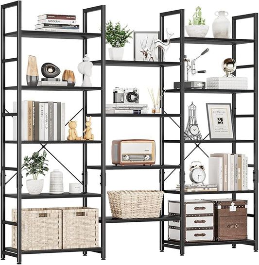 NUMENN Triple Wide 5 Tier Bookshelf, Rustic Industrial Style Bookcases and Bookshelves with 14 Open Display Shelves, Modern Tall Bookcase Furniture for Bedroom, Living Room and Home Office, Black