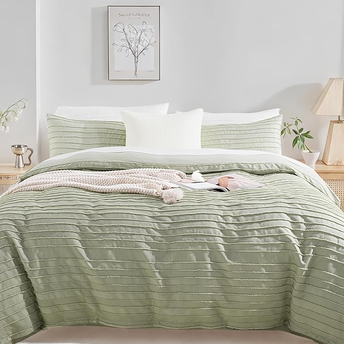 NEXHOME PRO Twin Duvet Cover, Blue 2 Pieces Boho Tufted Twin Size Duvet Cover Set, Soft and Lightweight Microfiber Comforter Cover Set for All Season (Sage Green,66 x 90)-No Comforter