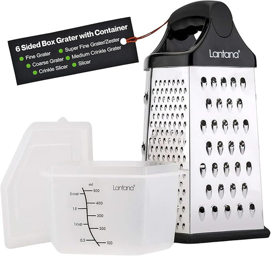 Lantana Cheese Grater for Kitchen with Container & Lid - Handheld Stainless Steel Box Food Shredder with Handle and 6 Essential Functions for Coarse, Medium, Fine, or Micro Grating/Shredding/Zesting