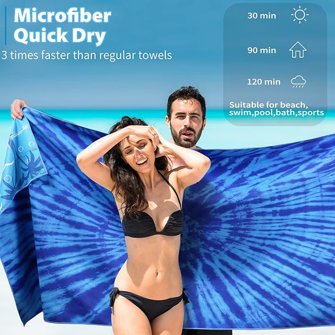 TwoYek Microfiber Thin Beach Towel Lightweight Oversized 71x32 Extra Large Sand Free Towels Quick Dry for Travel Pool Camping Sports Beach Accessories Vacation Essential Gift Blue Tie Dye