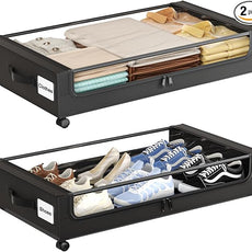Under Bed Storage with Wheels,XXL 60L Under Bed Storage Containers with Clear Lids, Rolling Under Bed Metal Drawer for Clothes, Shoes,Toys (Black, 2 Pack)