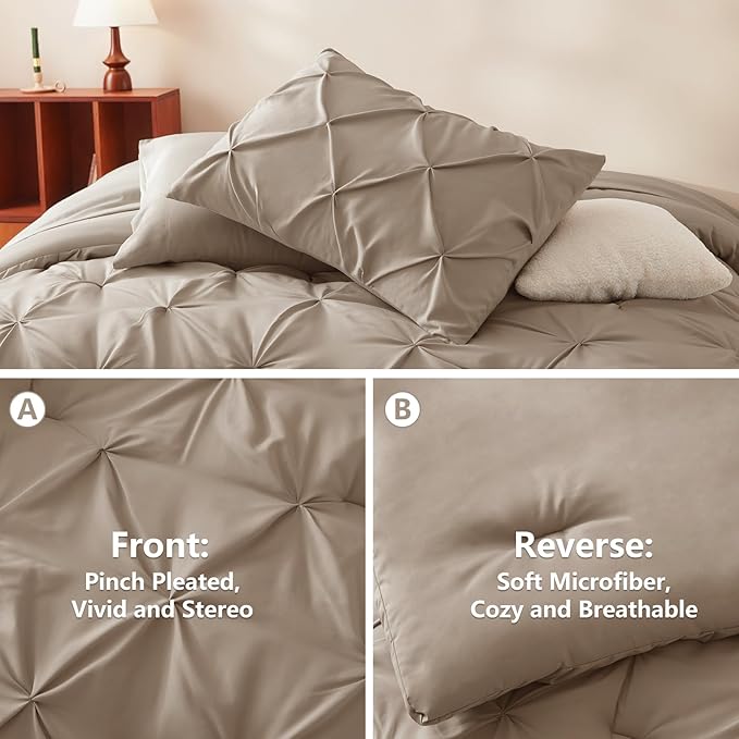 CozyLux Full Size Comforter Sets Khaki, 7 Pieces Pintuck Bed in A Bag Khaki Comforter Full Size, Pinch Pleat Bedding Sets with All Season Comforter, Sheets, Pillowcases & Shams